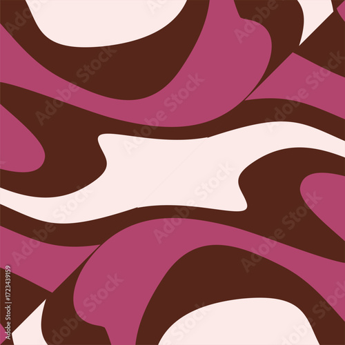 A visually striking abstract pattern featuring a dynamic interplay of flowing curves and bold color blocking in rich, earthy tones suitable for contemporary design applications.
