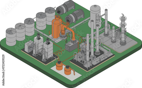 Isometric 3D illustration of industrial chemical plant, refinery factory with storage tanks, distillation towers, machinery, pipelines, energy production, process engineering