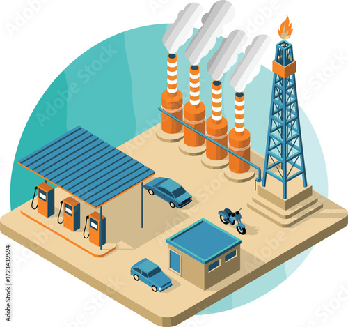 Isometric 3D illustration of oil refinery plant, gas station, fuel pumps, industrial factory, energy production, petroleum industry, power generation