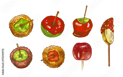 Hand drawn vintage sketch set of caramel apple with sprinkle, nut, chocolate and banana slice dessert illustration
