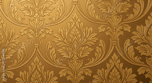 Gold embossed floral wallpaper texture, intricate leaf pattern, elegant and luxurious design, ideal for background or decorative purposes