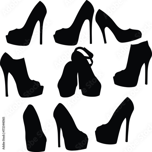Fashion footwear silhouettes collection with high heels, platform shoes, ankle boots, peep-toe styles, and ballet flats in circular arrangement"