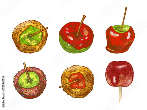 Hand drawn vintage sketch set of caramel apple with nut, sprinkle and glossy glaze in colorful festive design