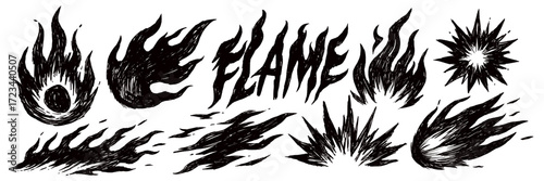 Doodle sketch set of flames, fire bursts, meteor shapes and explosions in scribble crayon style isolated elements on white background