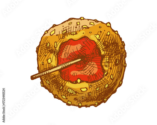 Hand drawn vintage sketch of caramel apple with nut and golden caramel coating on wooden stick in retro style