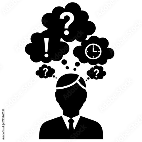 Person with thought bubbles and icons. Overload and decision fatigue.

