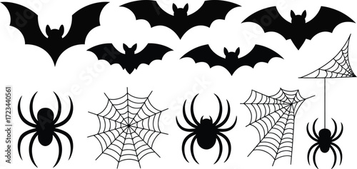 Spooky black silhouettes of bats and spiders with cobwebs for Halloween decoration