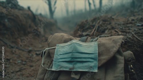 Military Backpack with Medical Mask in Foggy Battlefield Scene