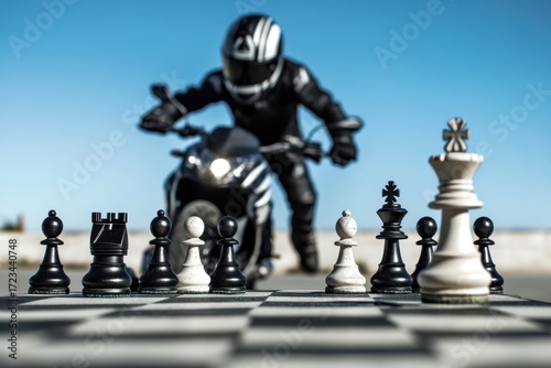 Dynamic contrast of a motorcycle and chess pieces under clear blue skies