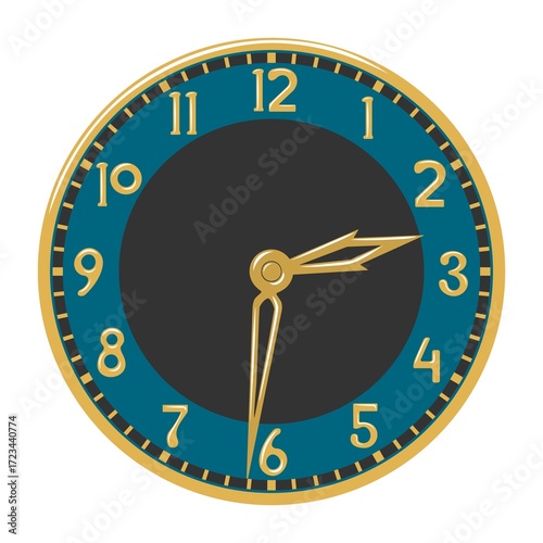 Elegant vintage round wall clock with gold hands and numbers isolated on white background
