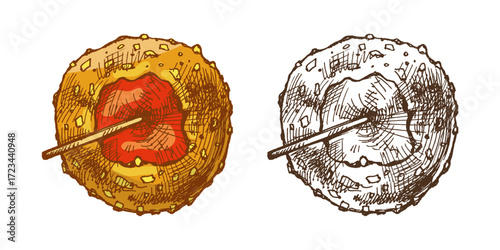 Hand drawn vintage sketch of caramel apple with nut and caramel coating on wooden stick in color and monochrome version
