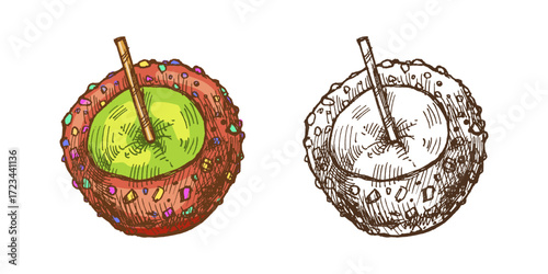 Hand drawn vintage sketch of caramel apple with colorful candy sprinkle and wooden stick in color and monochrome version