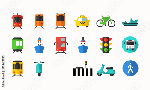 Flat Icons Collection of Motorbike, Bicycle, and Car – Modern Vector Illustration Set Featuring Minimalistic Transport Symbols.