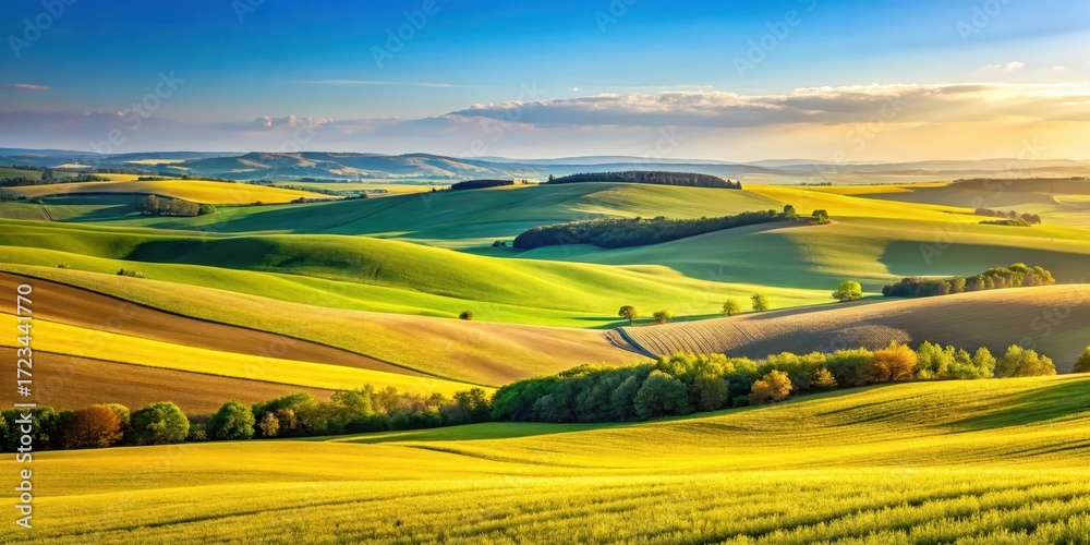 Obraz premium Sunny landscape with rolling hills and vast yellow fields stretching into the distance