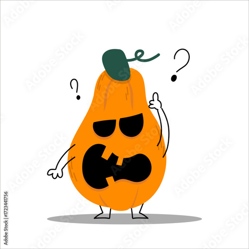 Confused cartoon pumpkin with puzzled face. Funny cartoon pumpkin character with confused expression and question marks, symbolizing doubt, curiosity or misunderstanding in playful style.