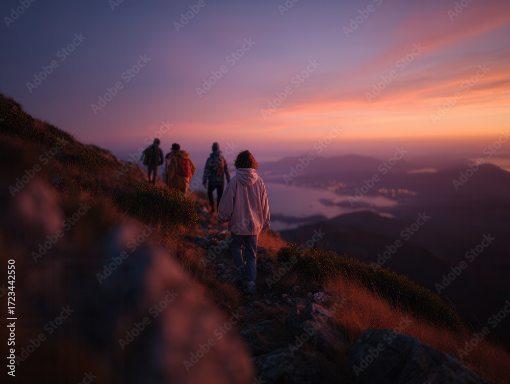 Fototapeta premium Un gruppo di escursionisti in salita verso la cima di una montagna all'alba, un concetto di avventura e spirito di squadra
