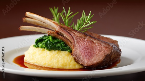Elegant Presentation of Lamb Chops with Creamy Polenta and Sautéed Spinach Garnished with Fresh Herbs on a Stylish Plate