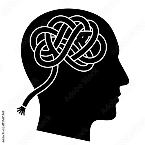 Silhouette of head with tangled rope. Mental block and anxiety.
