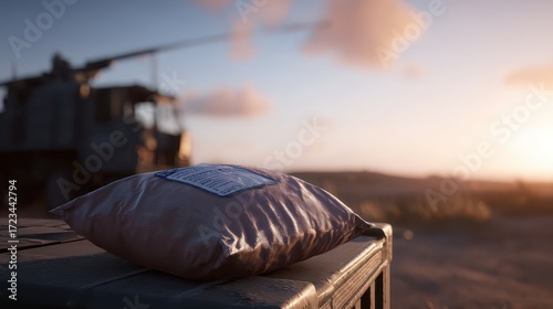 Military Supply Package on Storage Container at Sunset in Desert