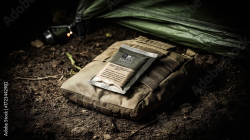 Military Survival Gear Close-Up with Ration Pack on Ground
