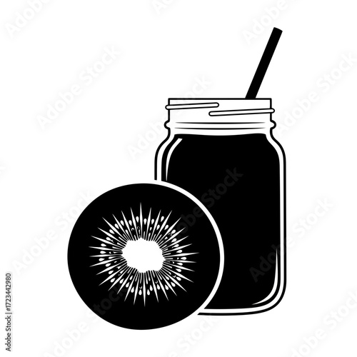 Kiwi Slice with Smoothie Jar Silhouette Black Fill White Background
