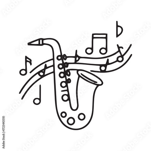Saxophone line icon vector. Simple outline symbol for jazz and blues music. Minimalist brass instrument glyph for band, concert, and orchestra design.
