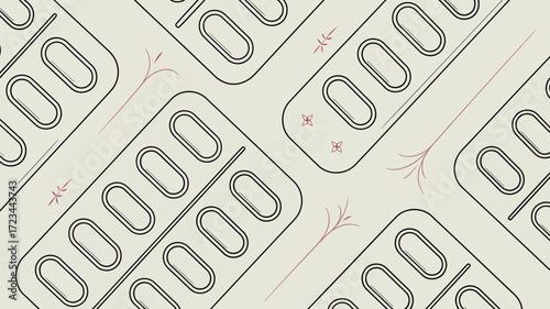 Repeated pattern of stylized pill blister packs with floral accents on a light background surface