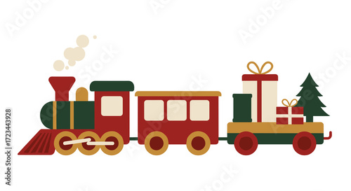 Flat vector toy train with presents and Christmas tree design  