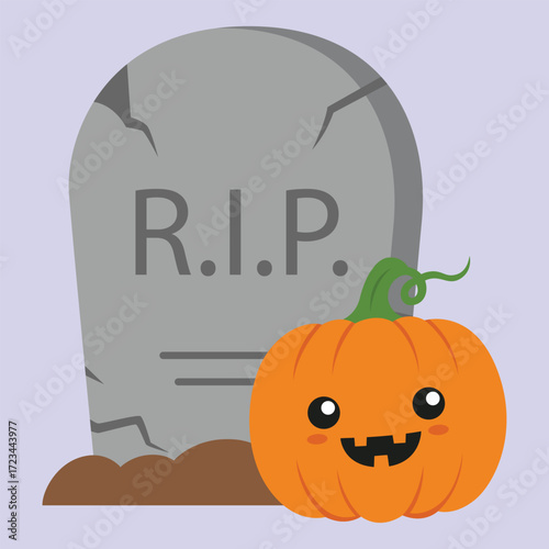 cartoon tombstone with pumpkin in front of it
