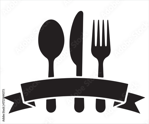 Black silhouette illustration of spoon, knife, and fork with ribbon banner, concept for restaurant logo, dining, food service, culinary art, kitchen utensils, hospitality industry, cooking tools, and 
