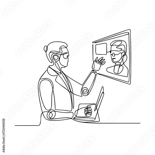 Man in suit engages in video conference call with colleague on screen
