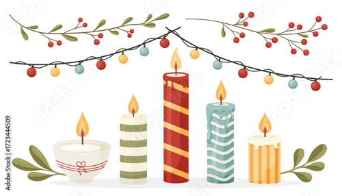 Set of burning candles with holiday garlands and berries