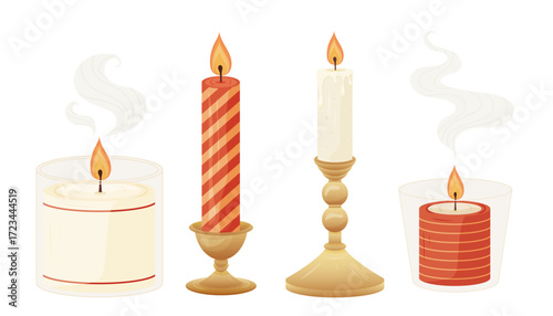 Set of decorative candles with smoke and flame, cozy concept