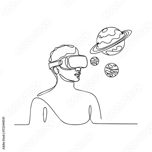 Person wearing virtual reality headset exploring outer space and planets