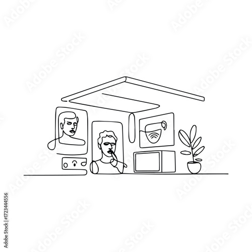 Minimalist line art depicting a modern office space with people and plants