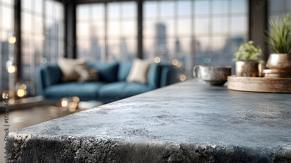 Obraz premium Close-up of a textured concrete tabletop, with a stylishly blurred living room in the background featuring a comfortable blue sofa and city views.