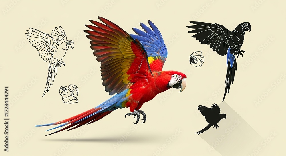 Colorful parrot in flight with design variations