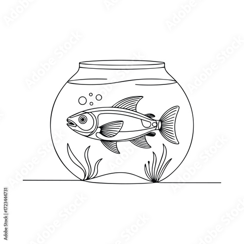 Sketch of a single fish swimming in a round glass fishbowl with aquatic plants