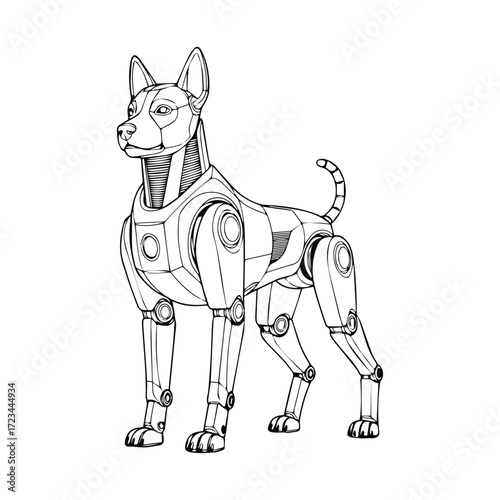 Detailed sketch of a robotic dog with mechanical joints and articulated body