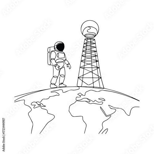 Astronaut stands on earth near a tall tower under a starry sky