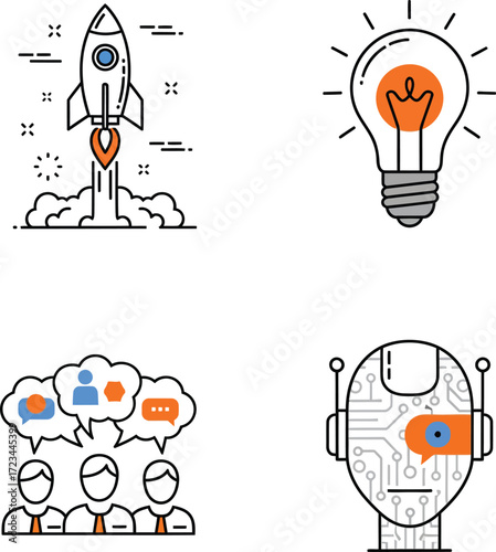 Rocket launching upwards symbolizes startup success with lightbulb, teamwork, and artificial intelligence on white backdrop, conveying innovation and progress.