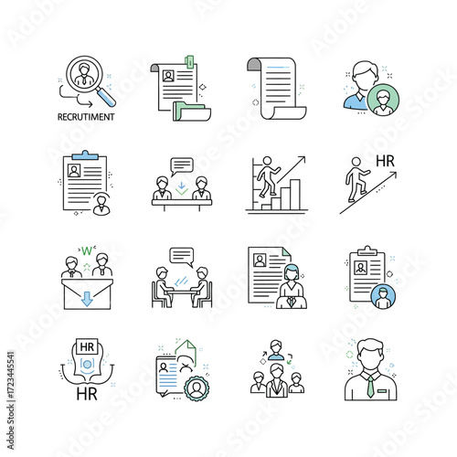 Line art depicting human resources processes including recruitment, interviews, and employee management in a modern and clean style.