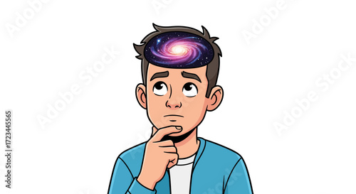 Illustration of a thoughtful young man with a cosmic galaxy universe inside his open mind