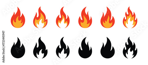 Collection of stylized fire icons in red, orange, and yellow, and black silhouettes, isolated on white background