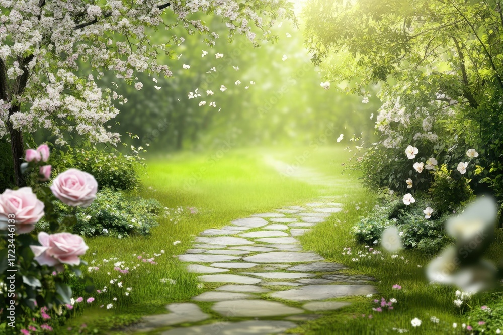 Naklejka premium Serenity found along a lush garden path surrounded by blooming flowers and greenery