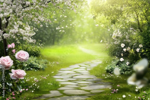 Serenity found along a lush garden path surrounded by blooming flowers and greenery