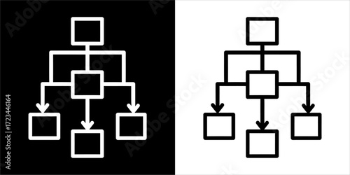 Hierarchical structure diagram, showcasing a flow chart with interconnected boxes, illustrating a process or organizational chart.