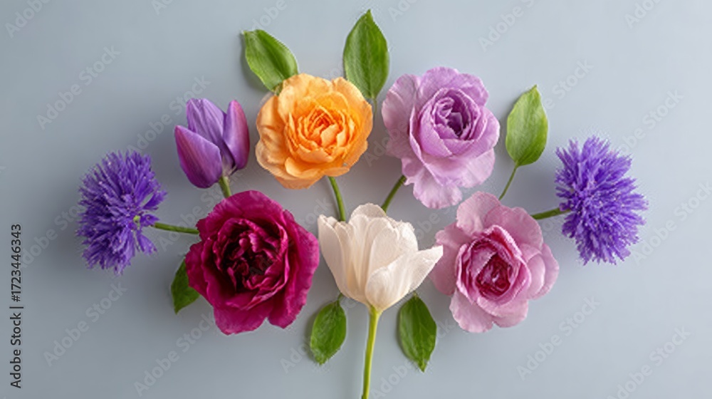 custom made wallpaper toronto digitalColorful arrangement of various flowers including roses, tulips, and alliums on a soft blue background, showcasing vibrant hues and delicate textures, perfect for floral design and decoration concepts