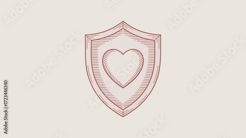 A stylized drawing of a shield containing a heart shape on a plain background in a simple design