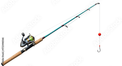 Photos Isolated fishing pole with a cork handle, fishing line, red bobber, and fishing